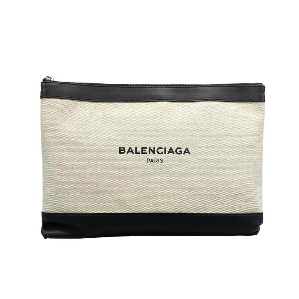 BALENCIAGA Navy Blue Clip Clutch Bag Ivory White Black Leather